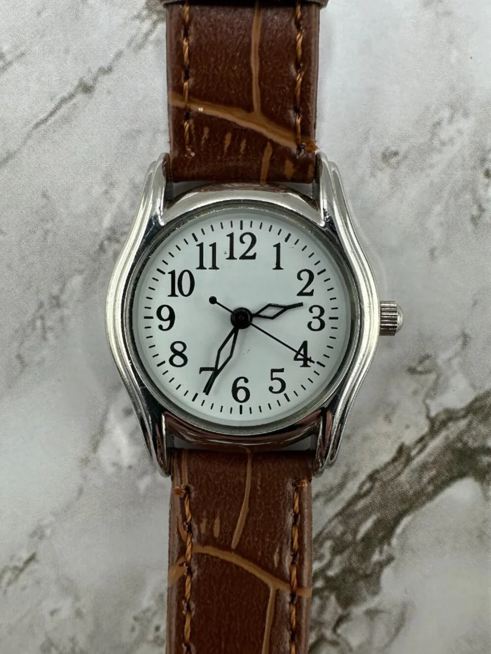 3/$30 Calvin Hill Watch Women Silver Tone White Dial 26MM Brown Band  8